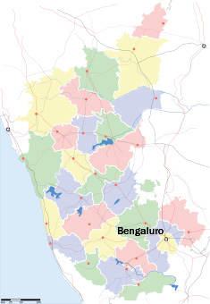 Mapo de Karnatako kun la ĉefurbo Bengaluro; bildo danke al http://en.wikipedia.org/wiki/Bangalore